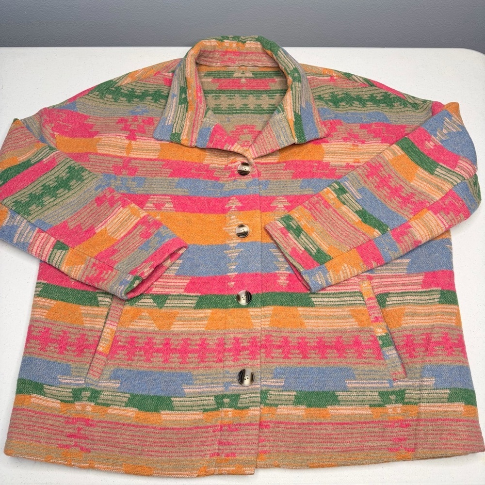 Multicolor Patterned Women's Jacket/Shacket - Bright Stripe Design - Picture 14 of 15